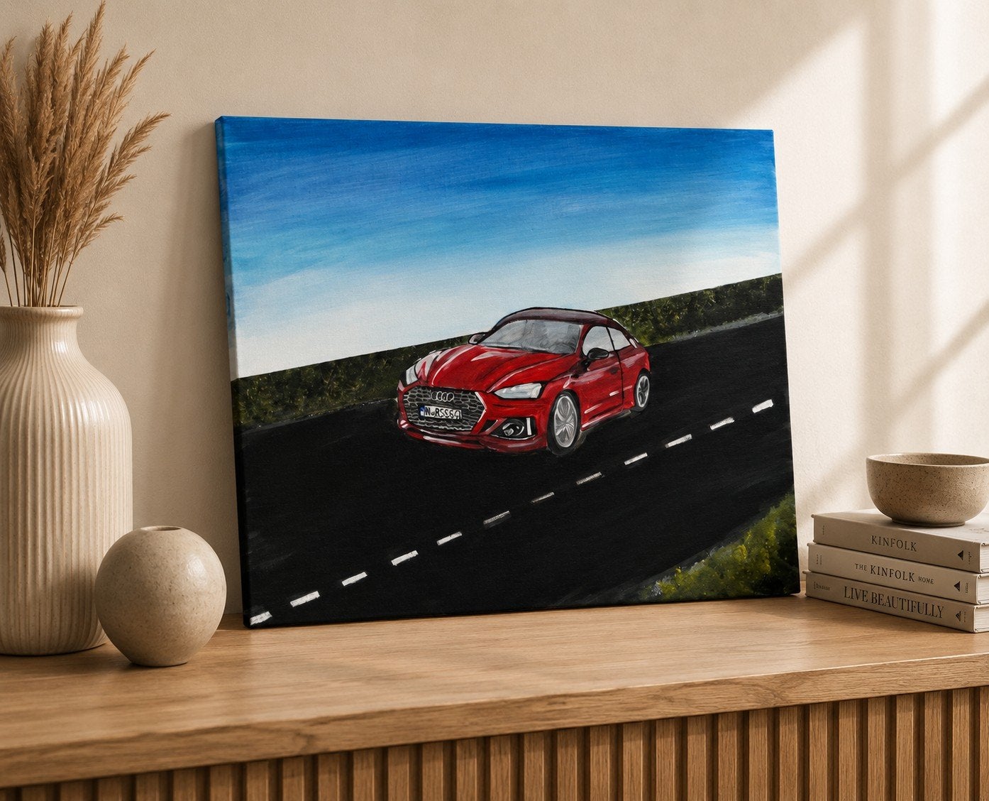 Handgeschilderd Schilderij: Rode Audi onder Blauwe Lucht, Ophalen of Verzenden
