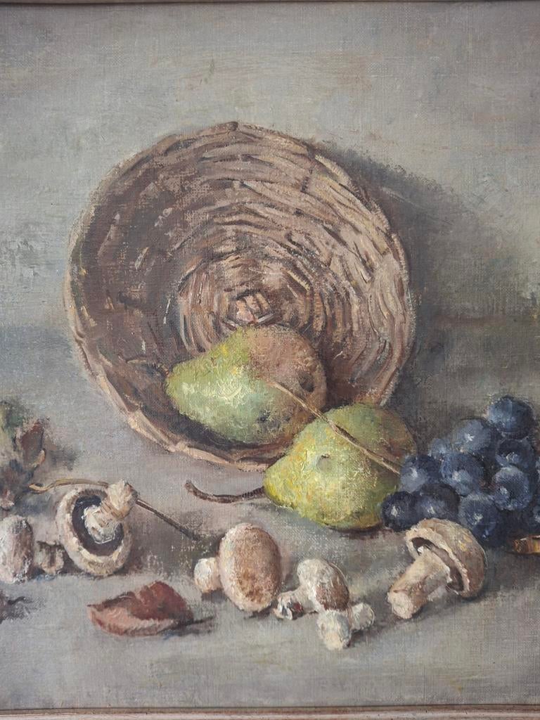 Olieverf stilleven met peren,druiven en champignons, Antiek en Kunst, Kunst | Schilderijen | Klassiek, Ophalen of Verzenden