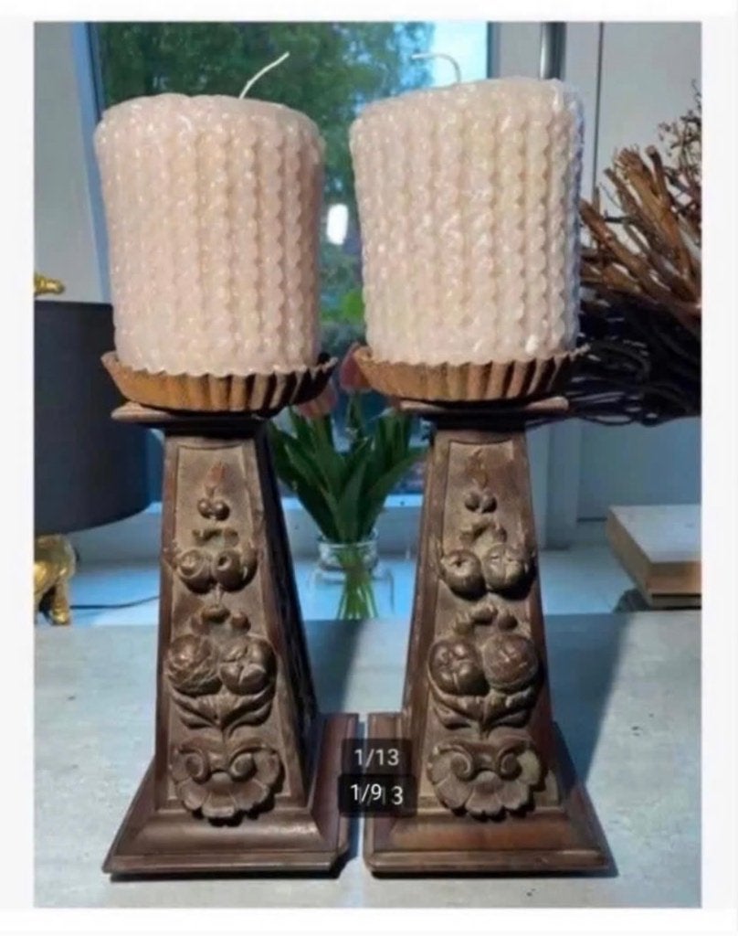 2 x antieke kaarsenstandaards hout met kaarsen, Gebruikt, Ophalen of Verzenden, X, Kandelaar
