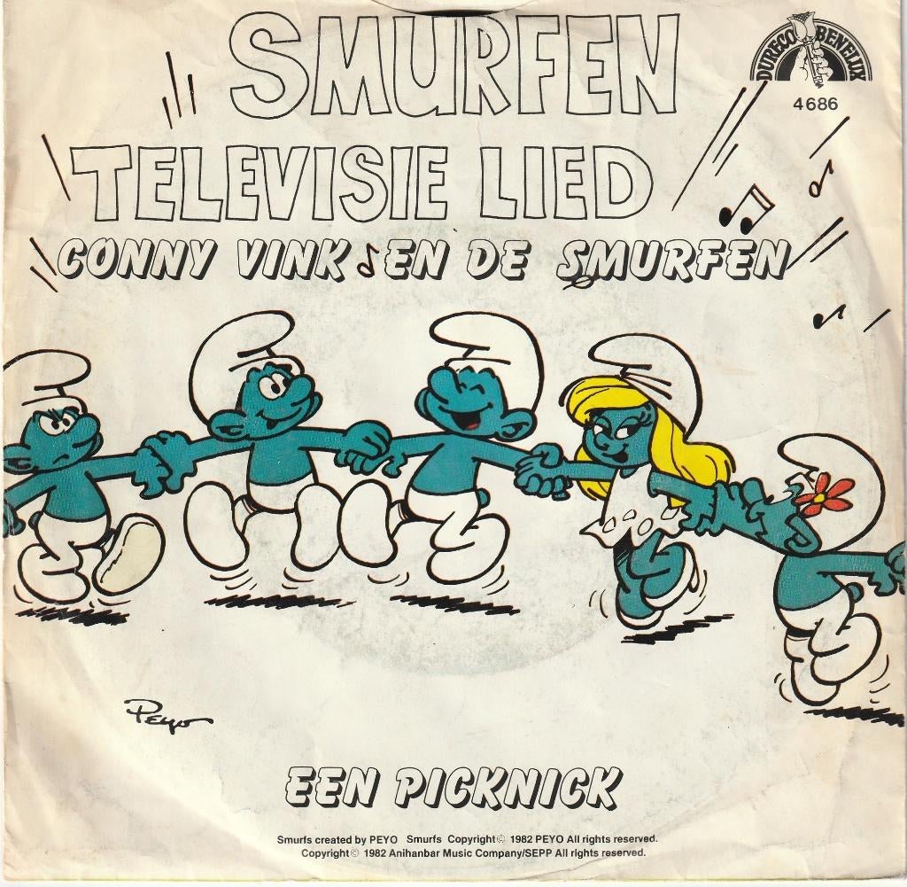 PEYO hoes -Smurfen Televisielied- vinylsingle, Verzamelen, Ophalen, Kuifje, Gebruikt, Overige typen