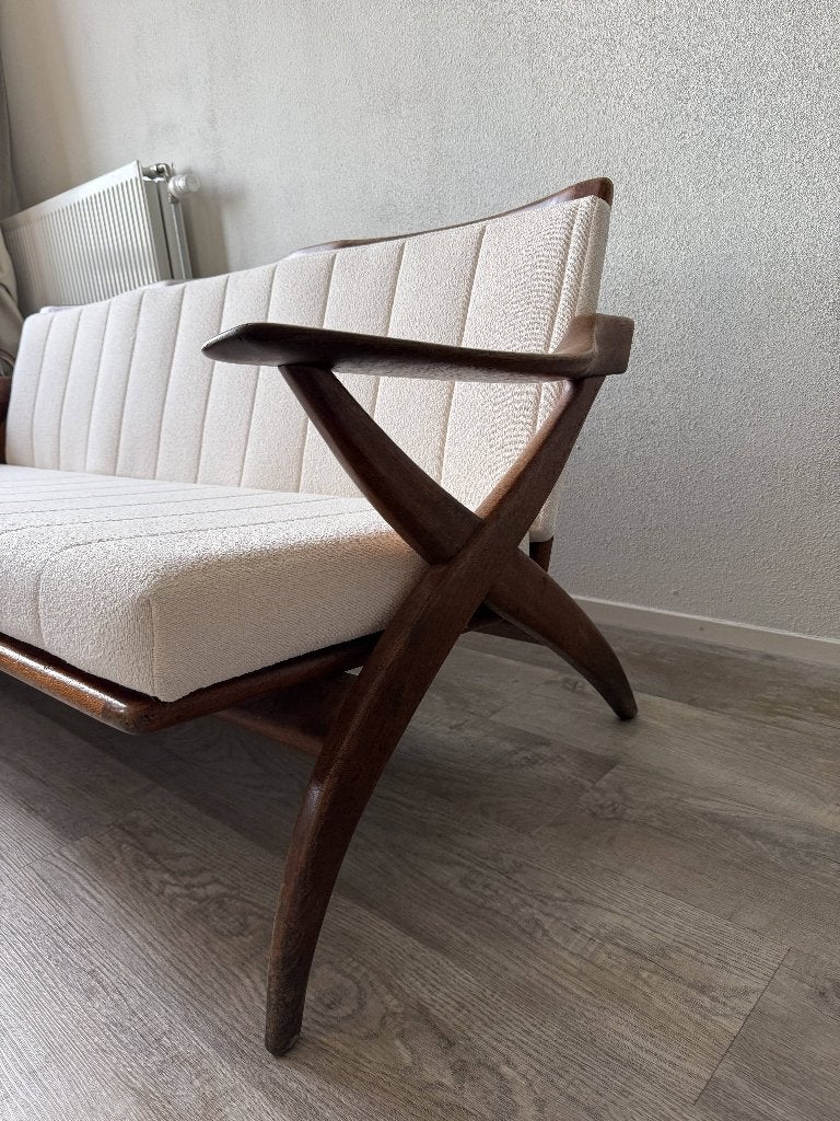 Midcentury vintage teak bank - kruispoten - merk topform, Hout, Gebruikt, Minder dan 75 cm, 150 tot 200 cm
