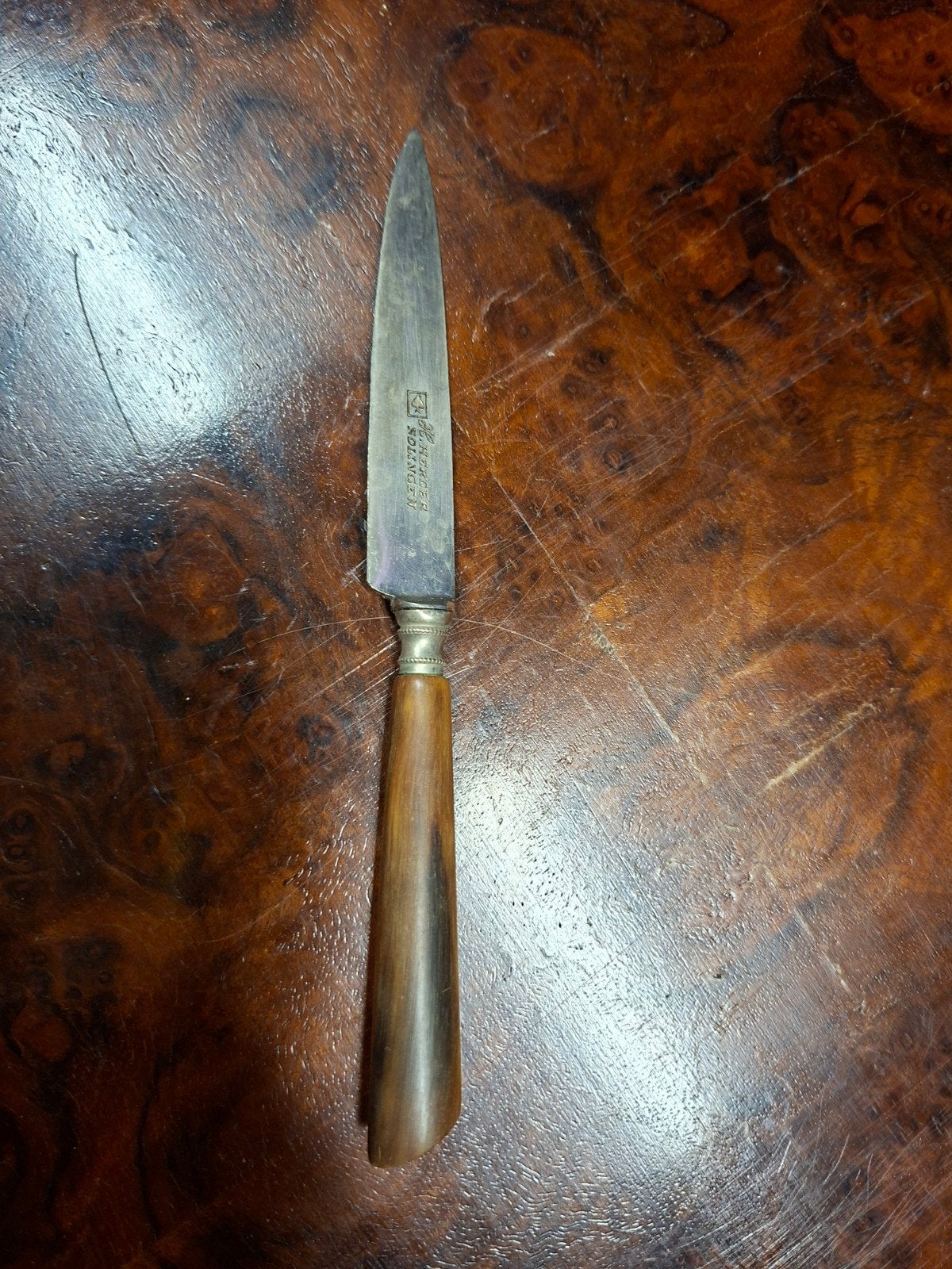 Antiek Herder Solingen mes met hoornen heft - Vintage staat, Ophalen of Verzenden