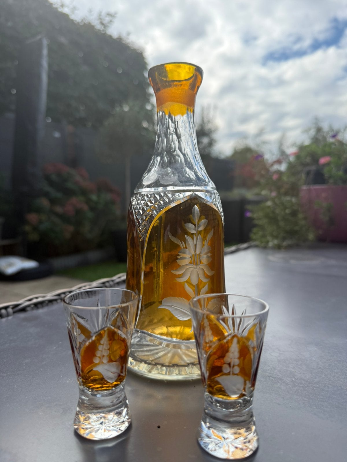 Vintage Boheems kristallen likeurset – Karaf + 6 glaasjes, Antiek en Kunst, Ophalen of Verzenden