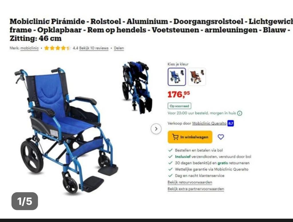 Rolstoel, Ophalen, Inklapbaar, Zo goed als nieuw, Duwrolstoel