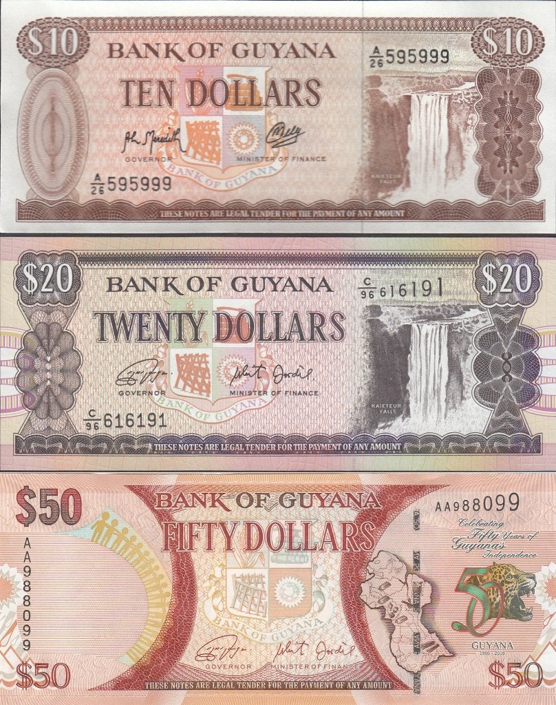 Bankbiljetten Guyana 10, 20 en 50 Dollars 1992-2018 UNC, Ophalen of Verzenden, Zuid-Amerika, Setje