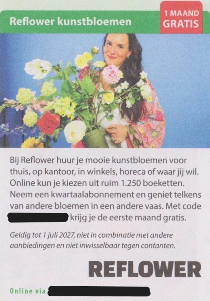 Reflower kunstbloemen. 1 maand gratis. Postcodeloterij bon., Eén persoon, Kortingsbon, Warenhuis- of Winkelbon