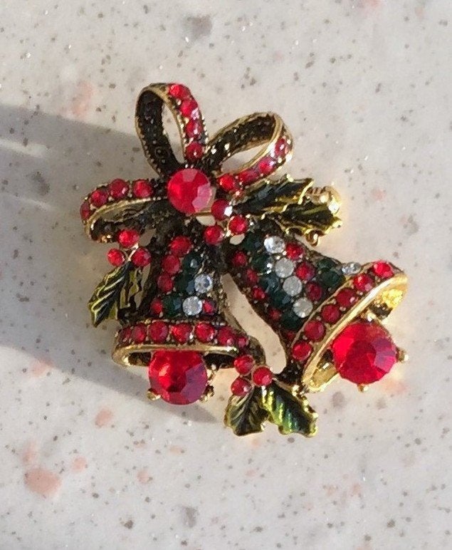 flonkerende kristal broche Kerstbroche met 2 Kerstklokjes, Sieraden, Tassen en Uiterlijk, Broches, Overige materialen, 4 tot 7 cm