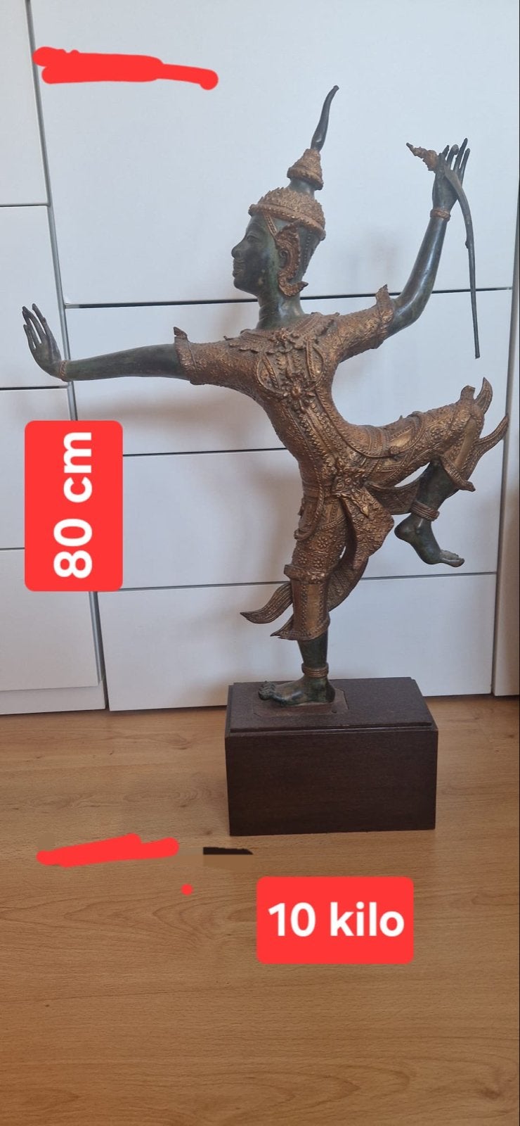 Groot bronzen Thais danser beeld - 80 cm, 10 kg, Ophalen, 50 - 100 cm, Beeld, Bruin