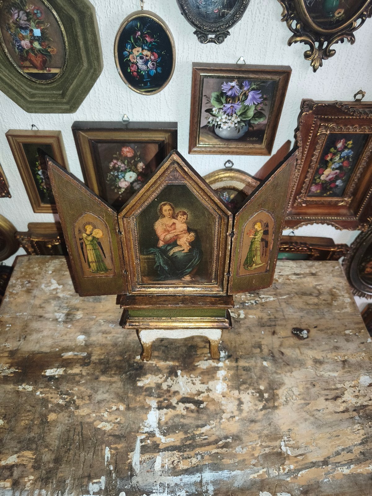 Oud florentijns Italiaans drieluikje kapelletje religie W34, Antiek en Kunst, Antiek | Religie, Ophalen of Verzenden