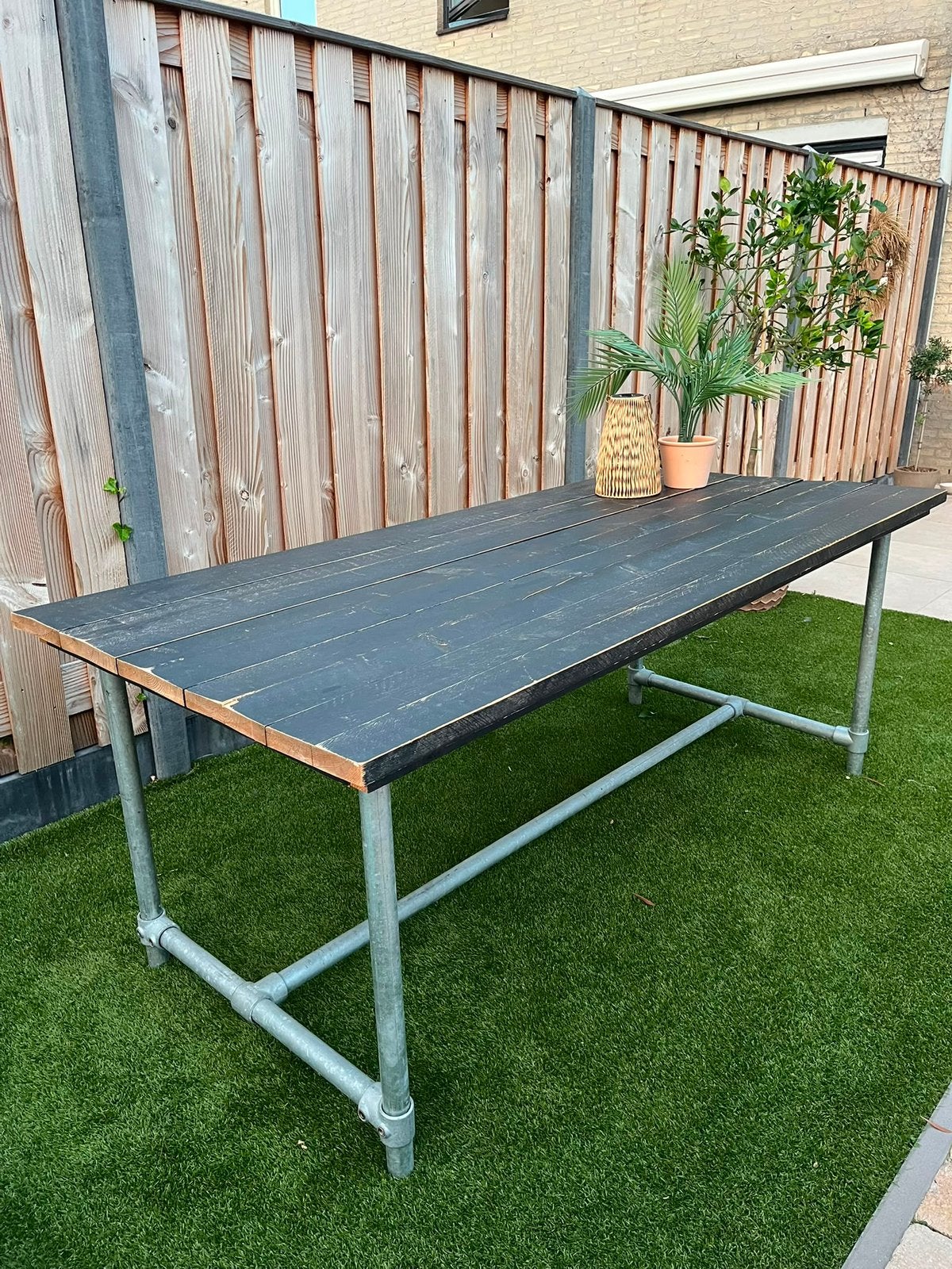 Stoere industriële steigerhout | steigerbuis tuintafel, Ophalen of Verzenden, Zo goed als nieuw, Rechthoekig, Hout