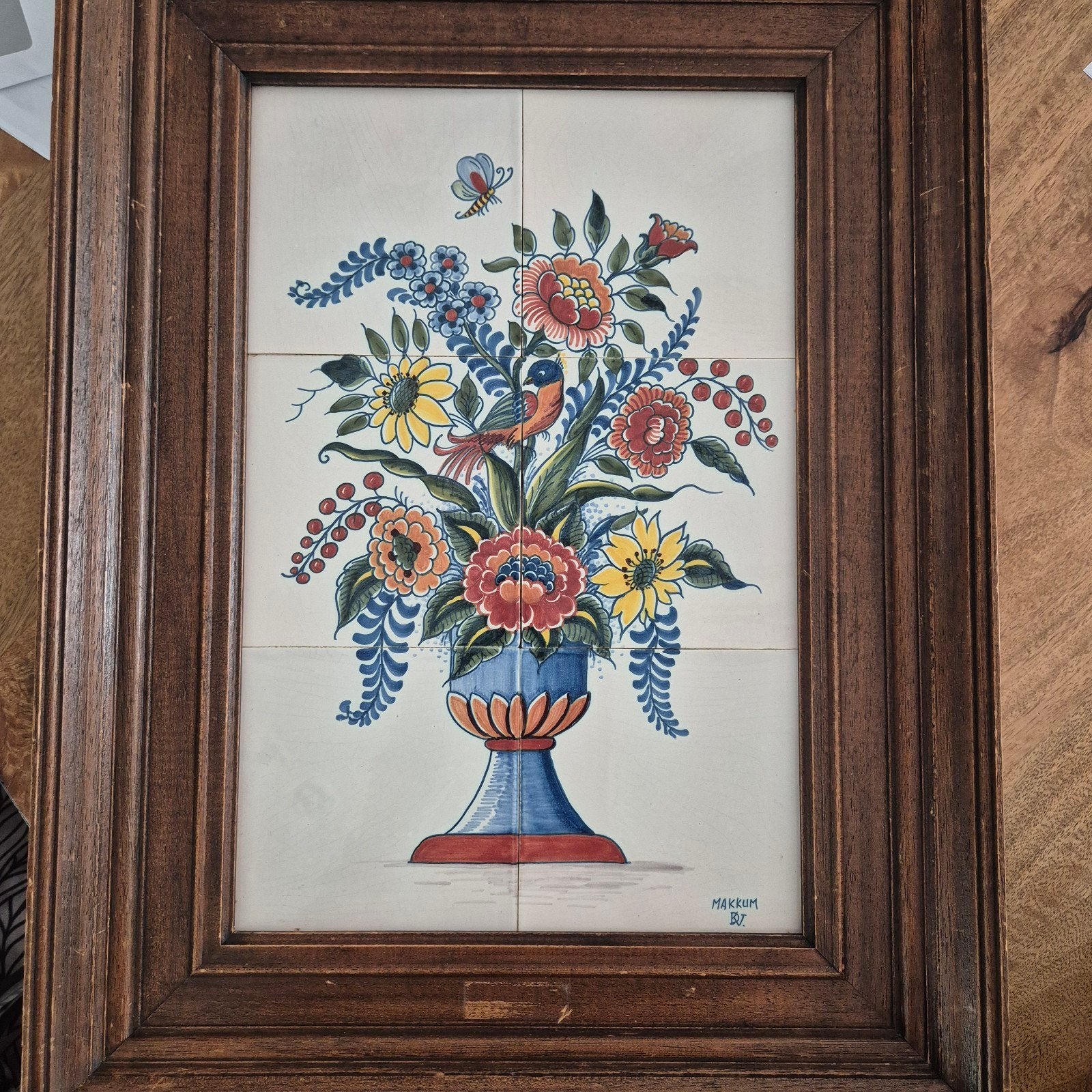 Delfts blauw tegeltableau met bloemen en vogel, Ophalen