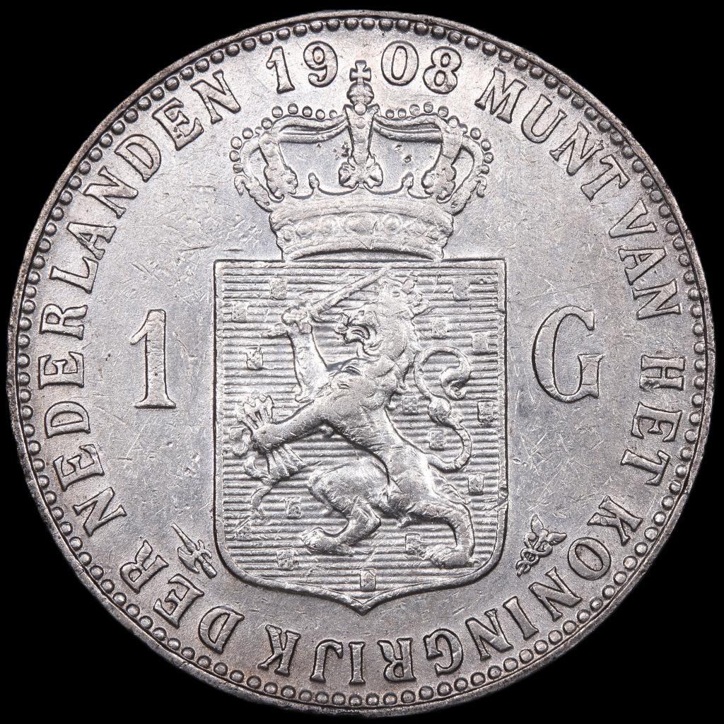 Gulden 1908. Zfr., 1 gulden, Zilver, Ophalen of Verzenden, Koningin Wilhelmina