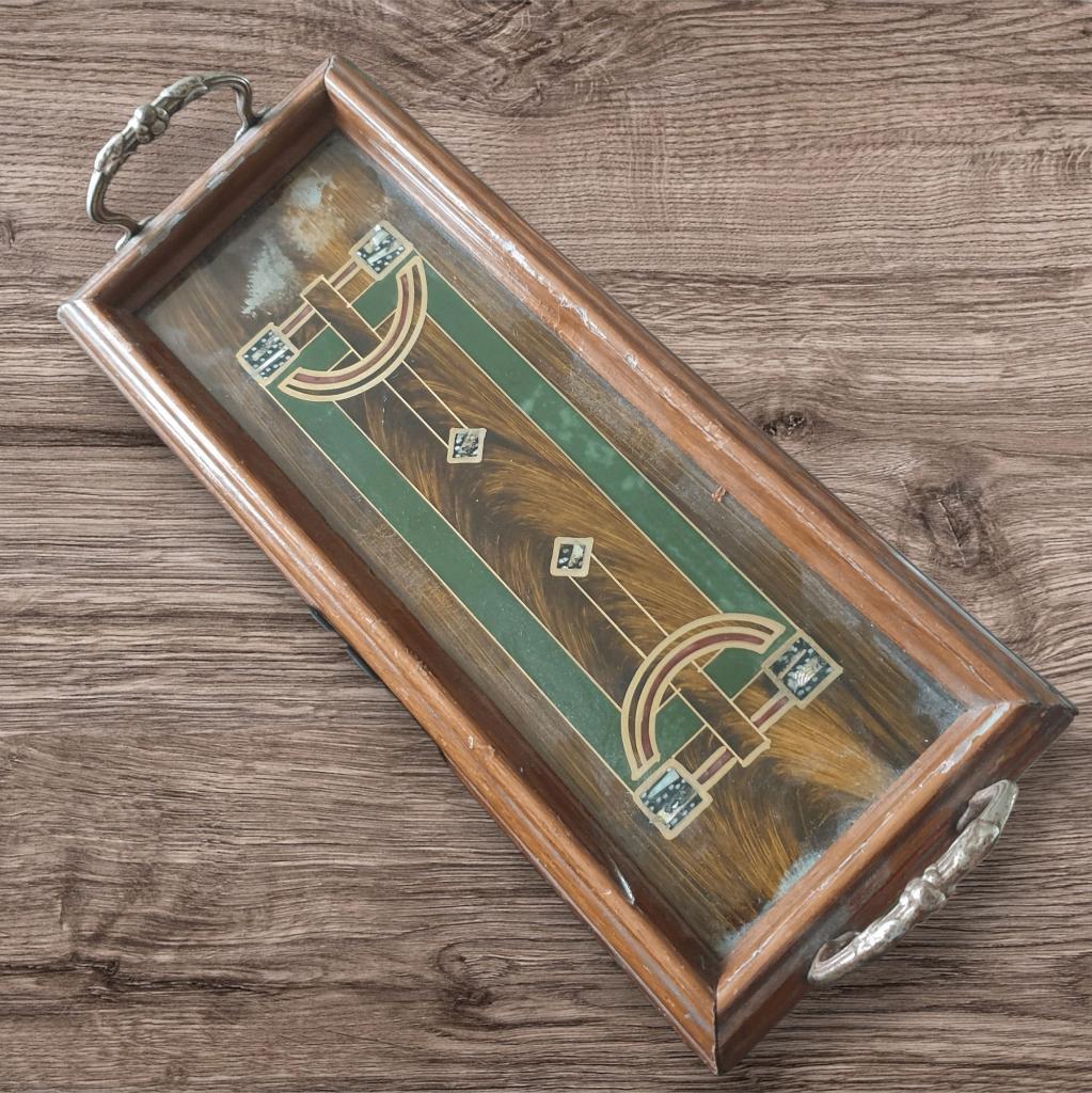 Art deco dienblad hout glas parelmoer 35 x 15 cm 1105, Gebruikt, -, -, Ophalen of Verzenden