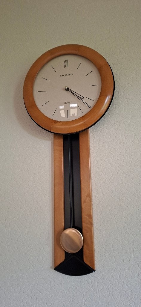 Klok houtkleur met zwart, Ophalen, Wandklok, Landelijk, Analoog