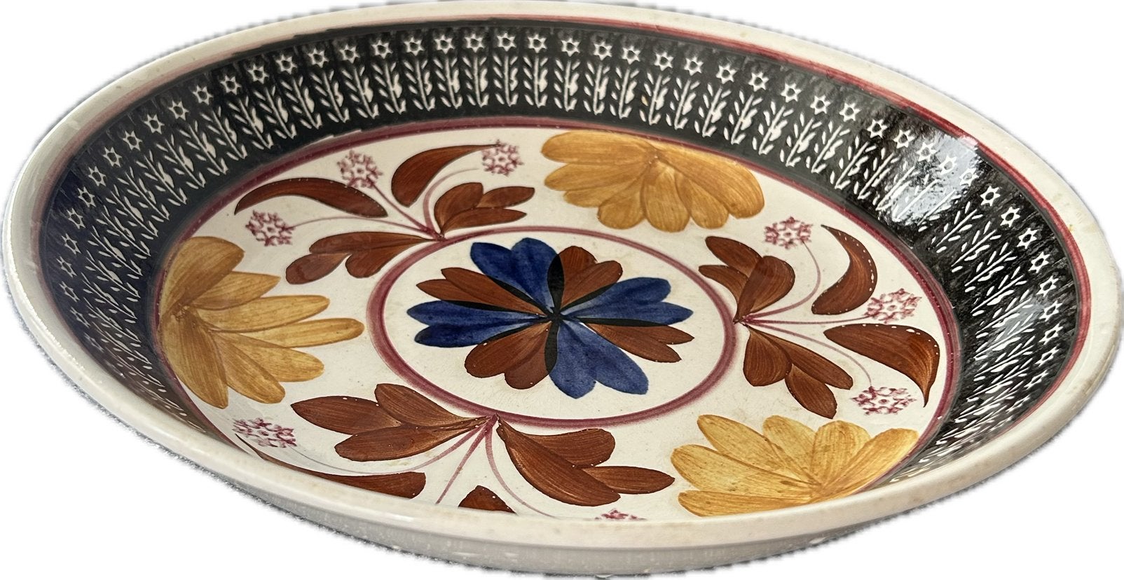 Antiek Maastrichts aardewerk schaal 30cm geel/blauw/oudroze, Antiek en Kunst, Ophalen