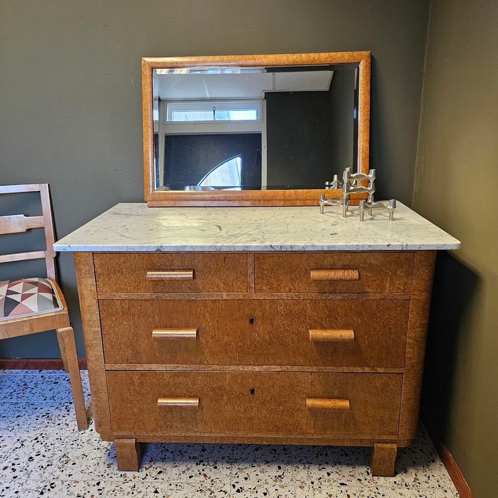 Art Deco jr 30 Wastafelmeubel + Spiegel, Ladenkast Commode, Huis en Inrichting, 100 tot 150 cm, Ophalen of Verzenden, 3 of 4 laden