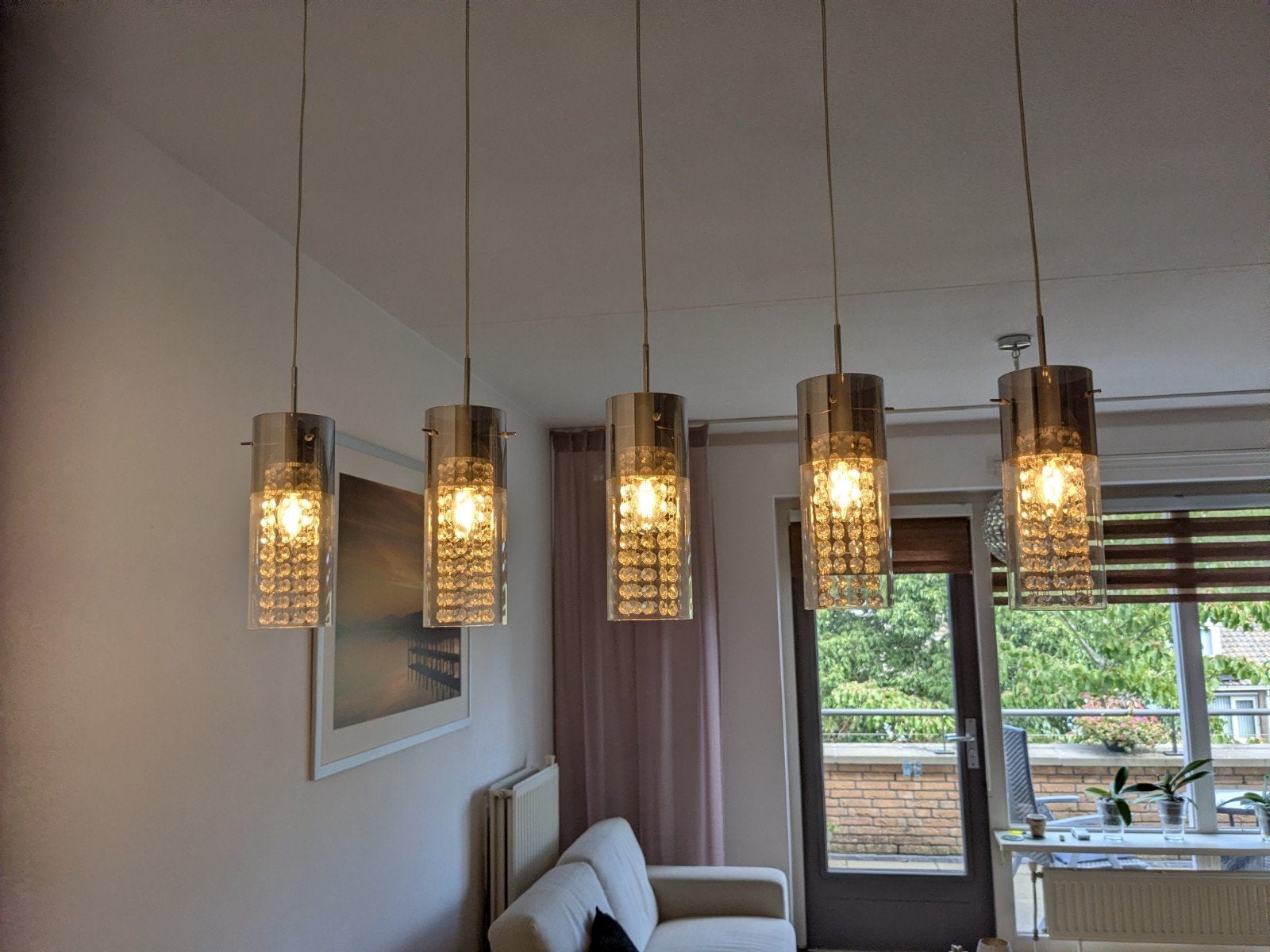 Set van 5 dimbare hanglampen met kristallen details, Ophalen, Gebruikt, Overige fittingen, Modern, Kristal