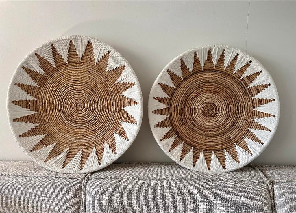 Set van 2 decoratieve schalen van riet en touw, Ophalen, Schaal, Rond, Zo goed als nieuw