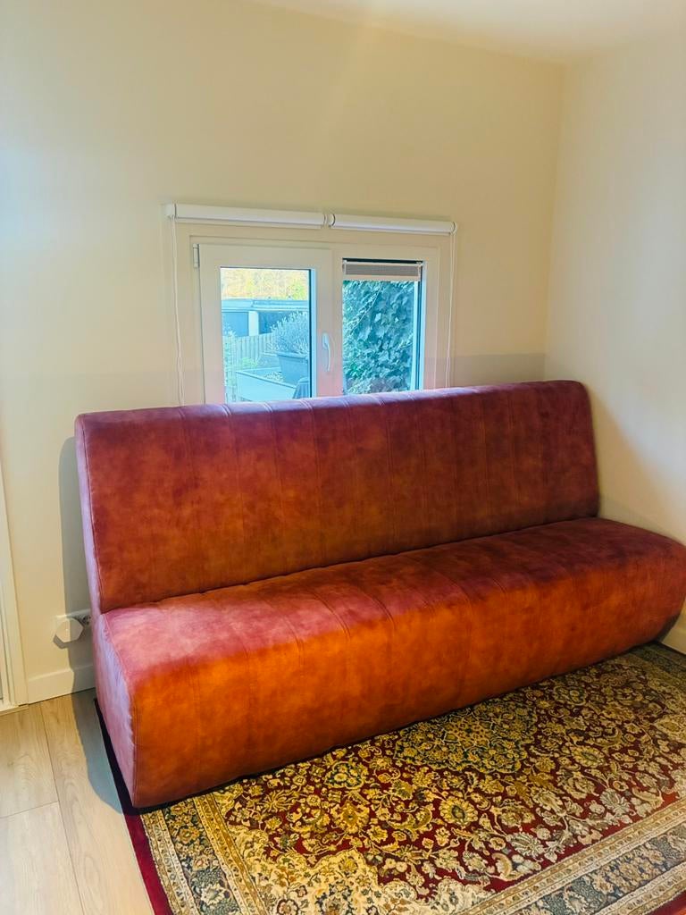Eetkamerbank roestkleur – 230 cm – luxe velvet look – Haco, Huis en Inrichting, Stoelen, Ophalen, Gebruikt, Overige kleuren, Eetkamerbank roestkleur – hotel chique / Mama Kelly vibe
