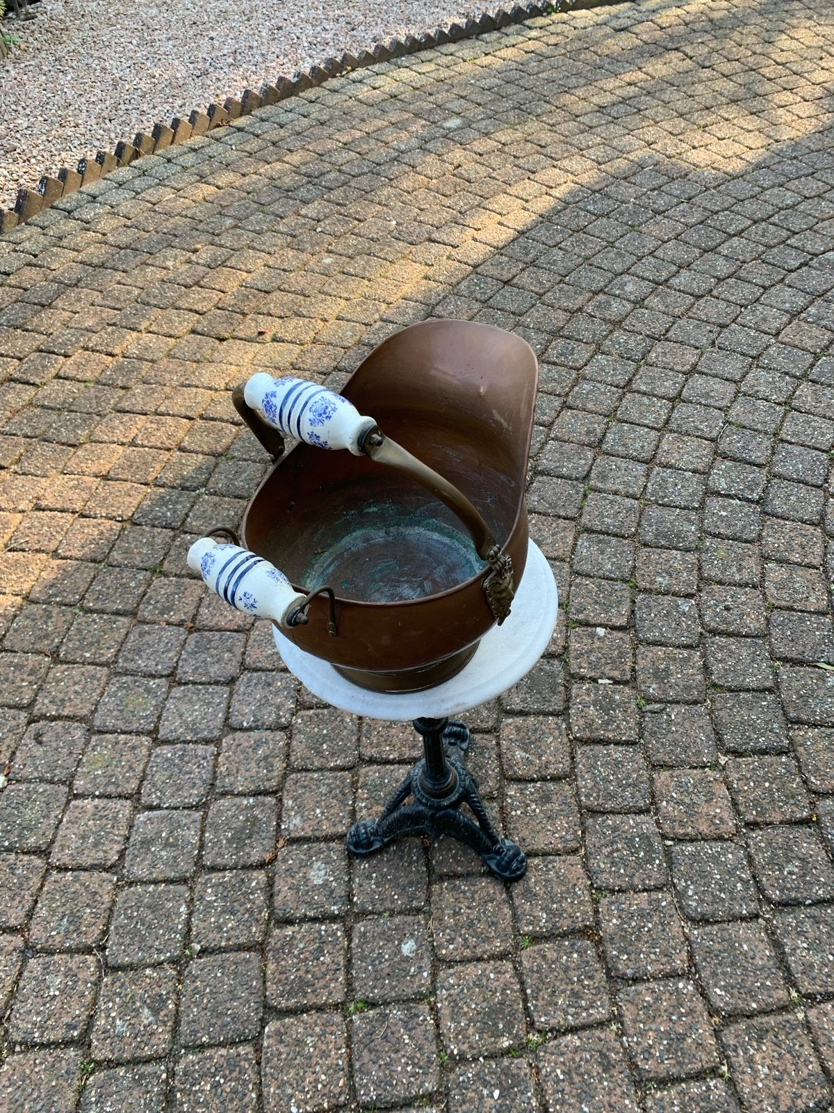 Antieke Koperen Kolenkit met Delftsblauwe Handvatten, Ophalen of Verzenden, Koper