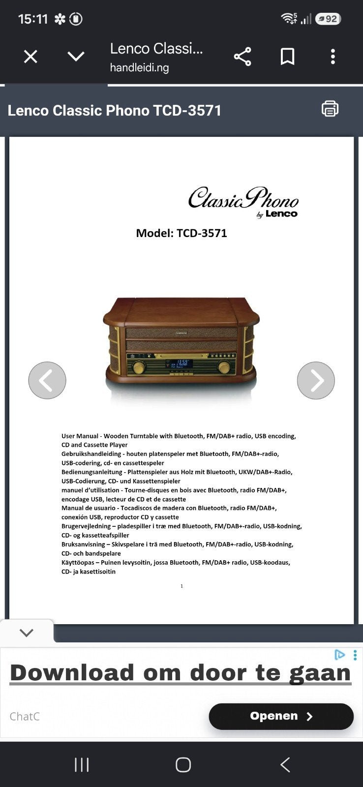 Lenco Classic Phono TCD-3571 Houten Platenspeler, Ophalen, Zo goed als nieuw, Overige merken