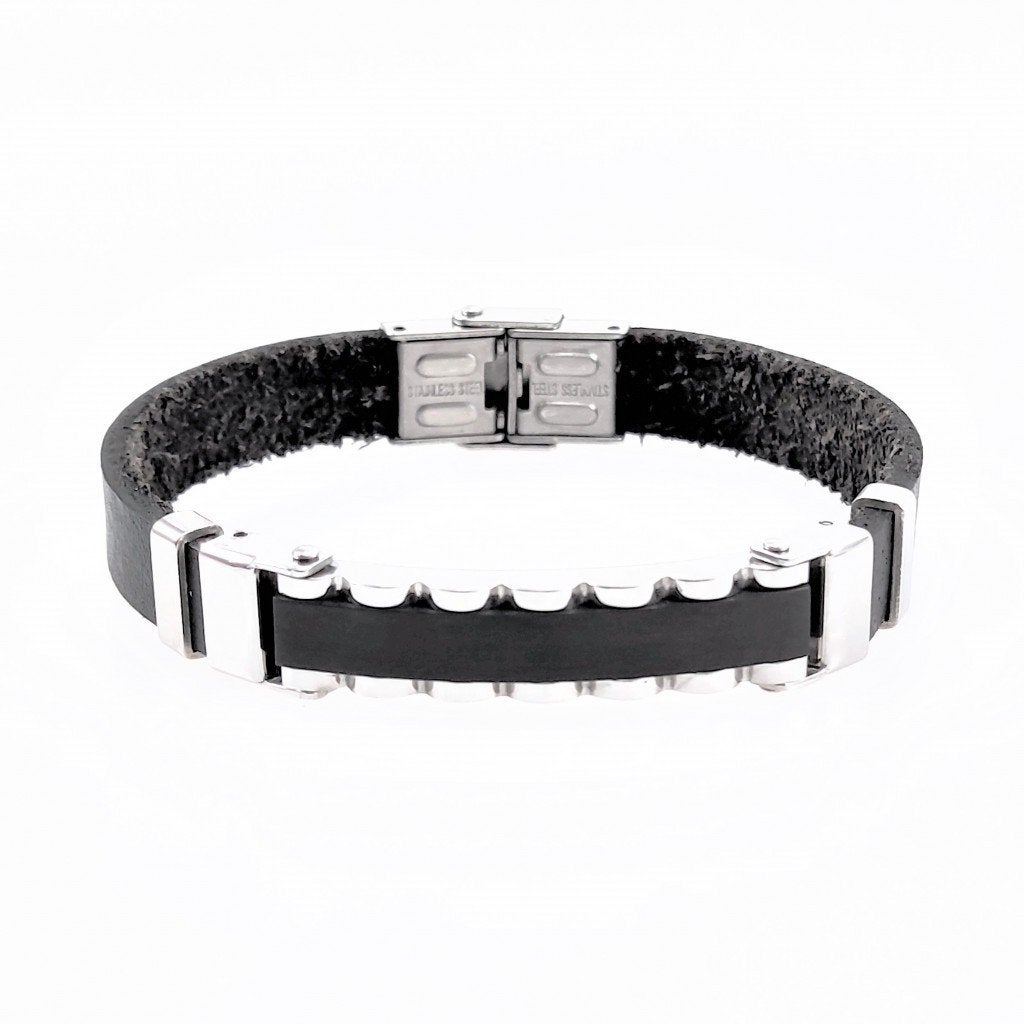 Armband Heren Ziverkleurig-Zwart RVS Plaat Zwart Leer, Staal, Birgitta-Gracht 33, 6465 EL Kerkrade, Nederland, Verzenden, Nieuw