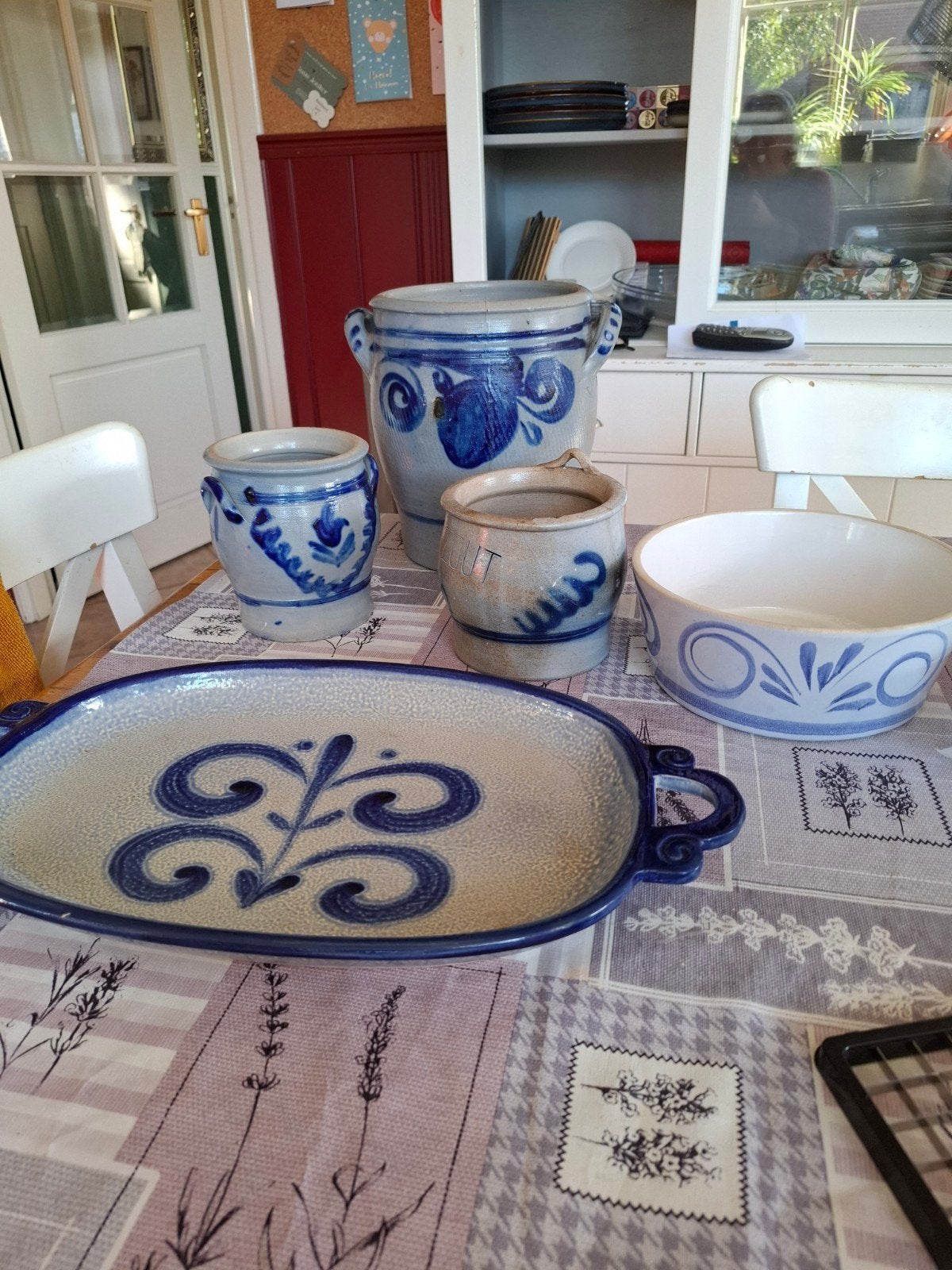 Vintage Keramiek Set: Potten, Schaal en Kom - Blauw/Grijs, Antiek en Kunst, Ophalen of Verzenden