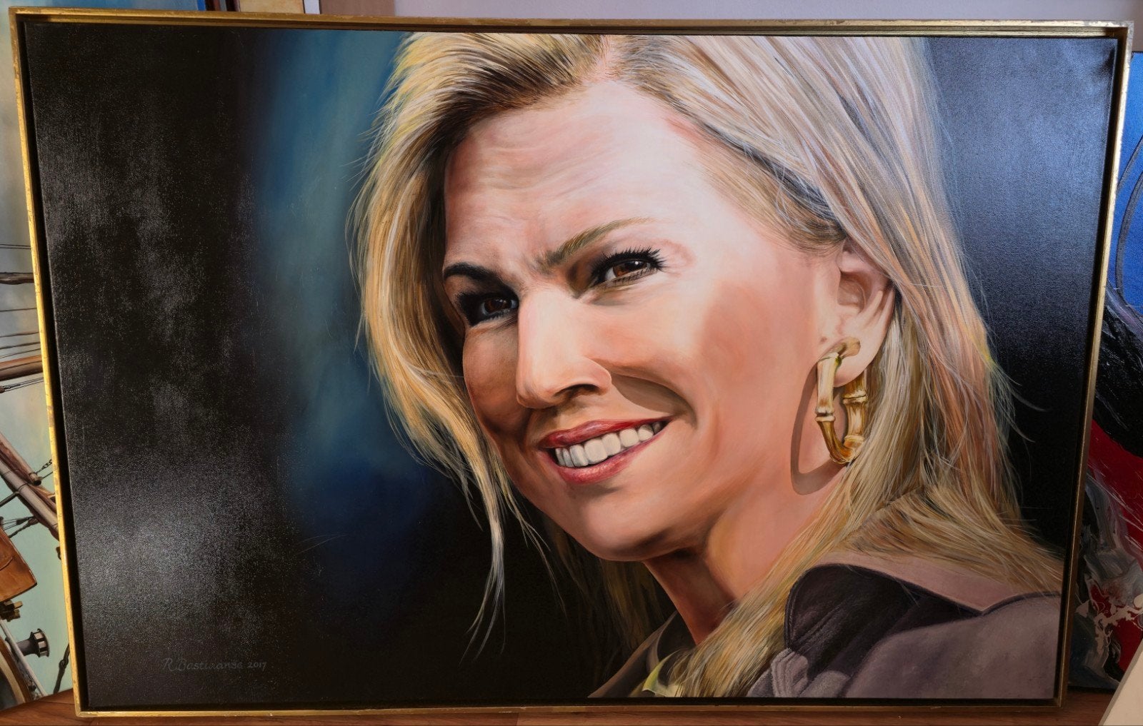 Schilderij Koningin Maxima acryl, Antiek en Kunst, Ophalen, Acrylverf, Achter glas, Overige materialen