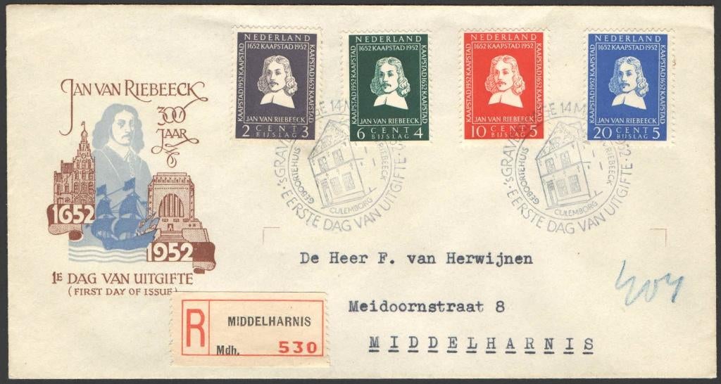 Nederland FDC E7 Met Adres, Jan van Riebeeck 1952, Postzegels en Munten, Ophalen of Verzenden, Beschreven, Nederland