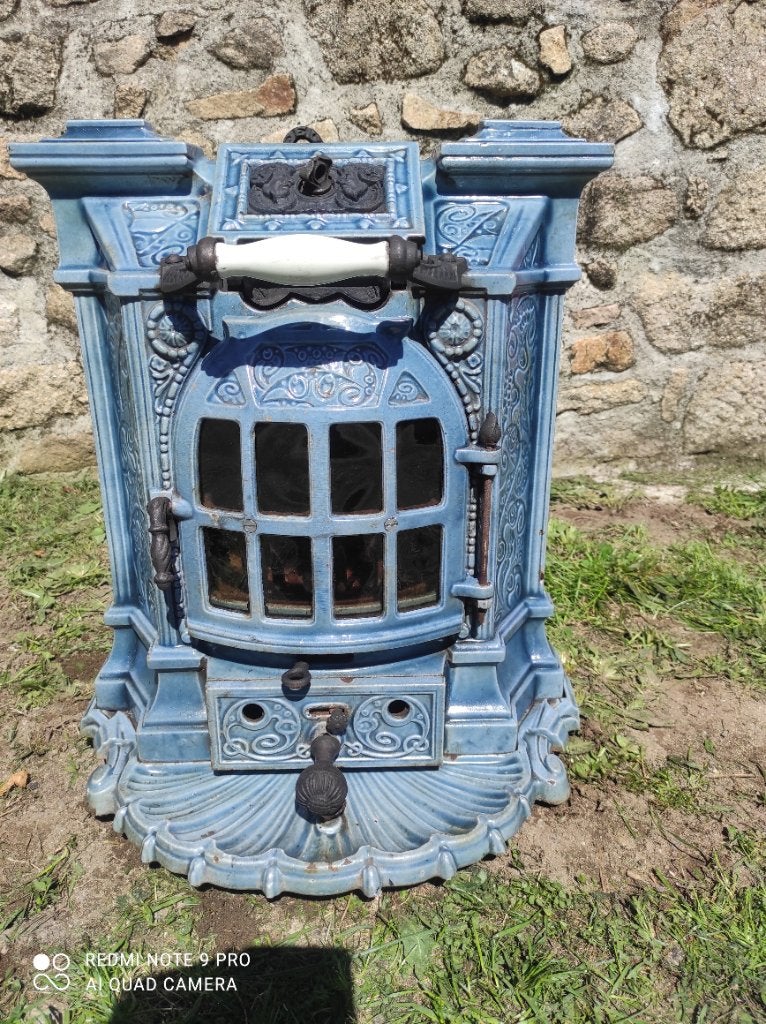 Zeer mooie blauwe emaille Art-deco houtkachel, Ophalen, Gebruikt, Houtkachel, Vrijstaand