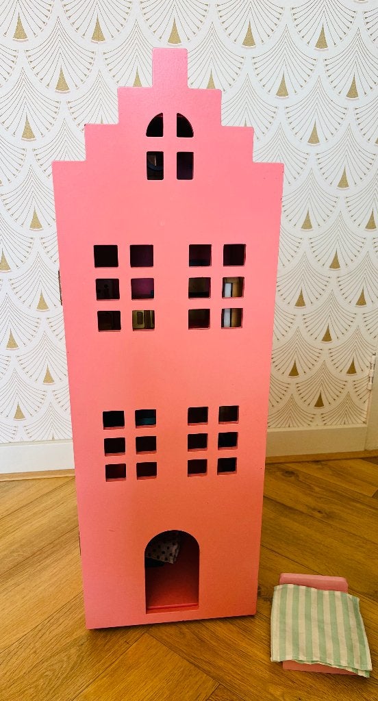 Grachtenpand roze poppenhuis, speelhuis Hema, Ophalen, Zo goed als nieuw, Overige typen