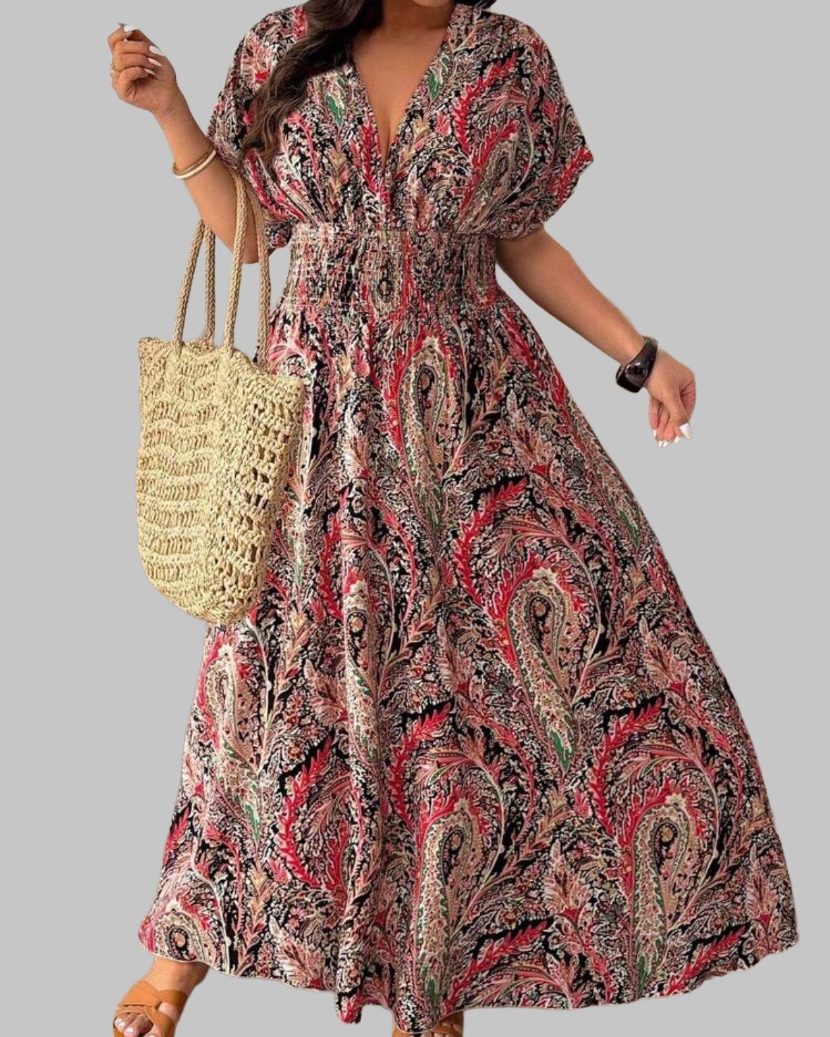 Maxi Jurk met Paisley Print en V-hals (44-54), Kleding | Dames, Verzenden, Nieuw, Rood, Jurk