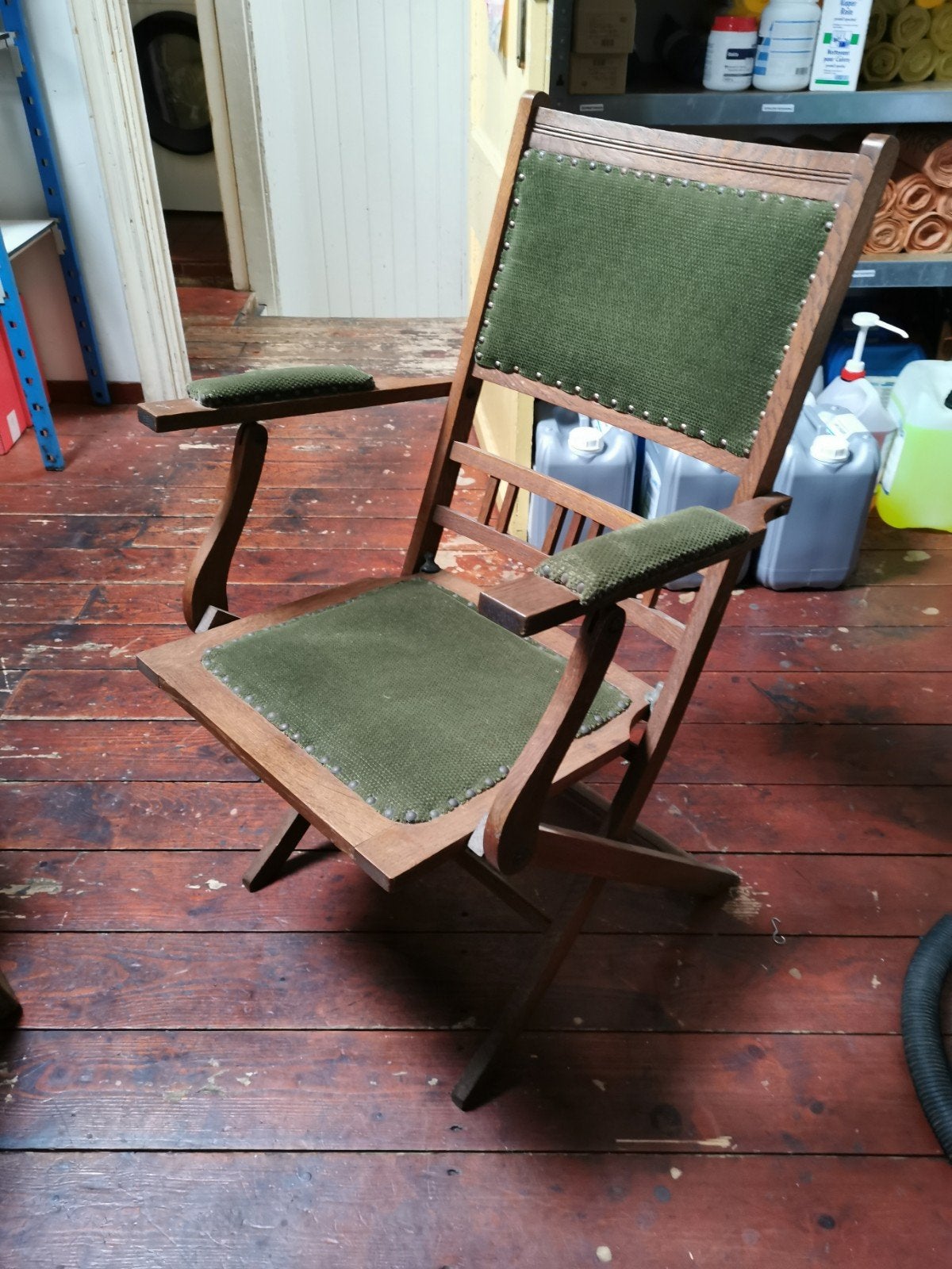 Antieke Engelse Campaign Stoel - Opvouwbaar Hout & Groen, Ophalen of Verzenden