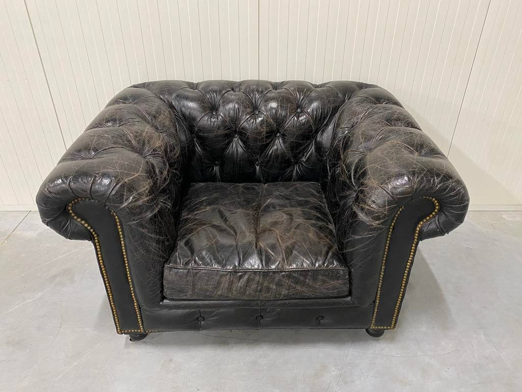 Stoere Chesterfield  club fauteuil vintage zwart, Huis en Inrichting, Fauteuils, Ophalen of Verzenden, Zo goed als nieuw, 75 tot 100 cm