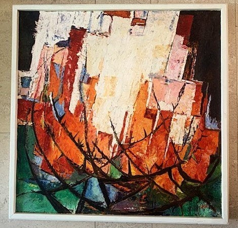 Abstraherend landschap met takken ca.'90 - met initialen LKP, Doek, Expressionistisch, Ophalen of Verzenden, Olieverf