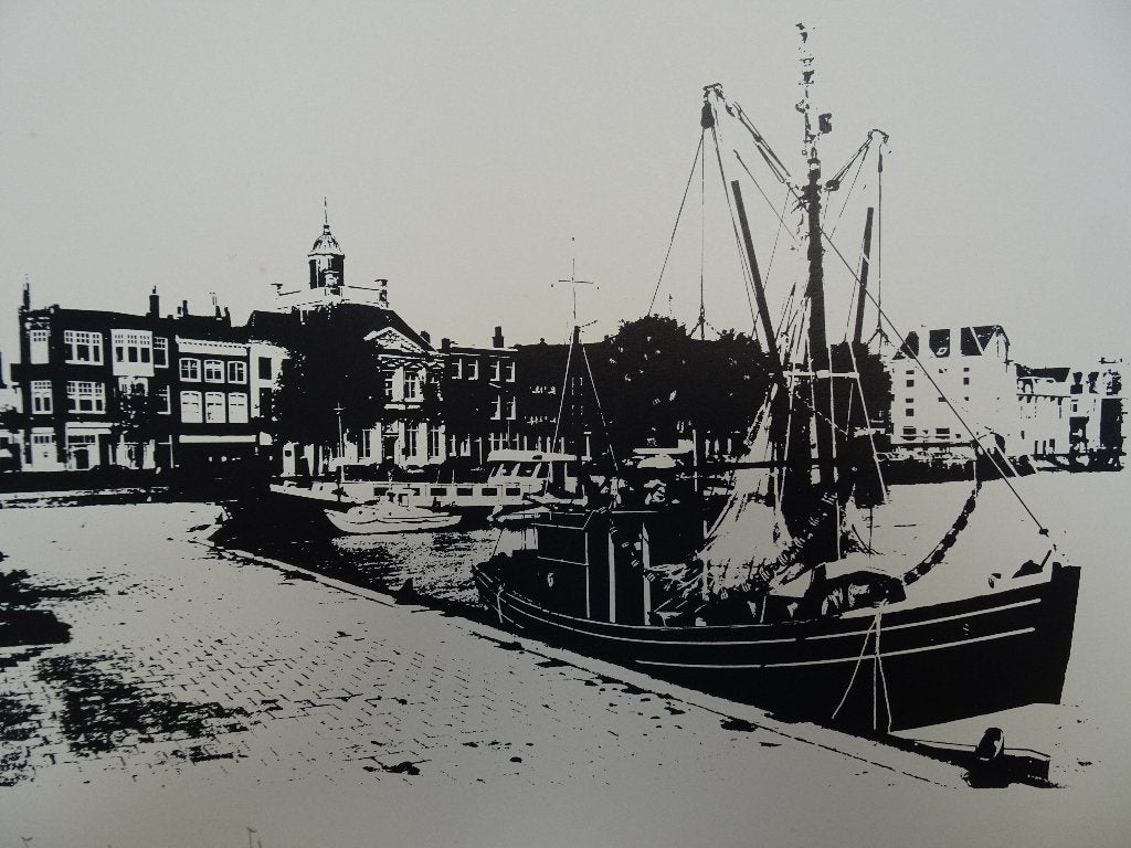 zeefdruk vissershaven Vlissingen, Meester 1980, 1950 - 1999, Stadsgezicht, Ophalen of Verzenden, Origineel