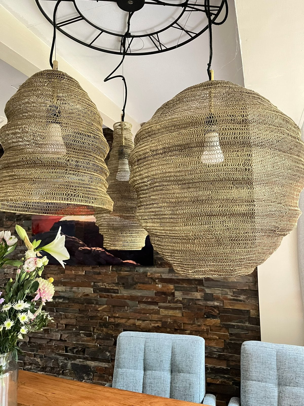 Set van 3 Oosterse hanglampen (goud/staaldraad), Ophalen, E27 (groot), Zo goed als nieuw, Oosters