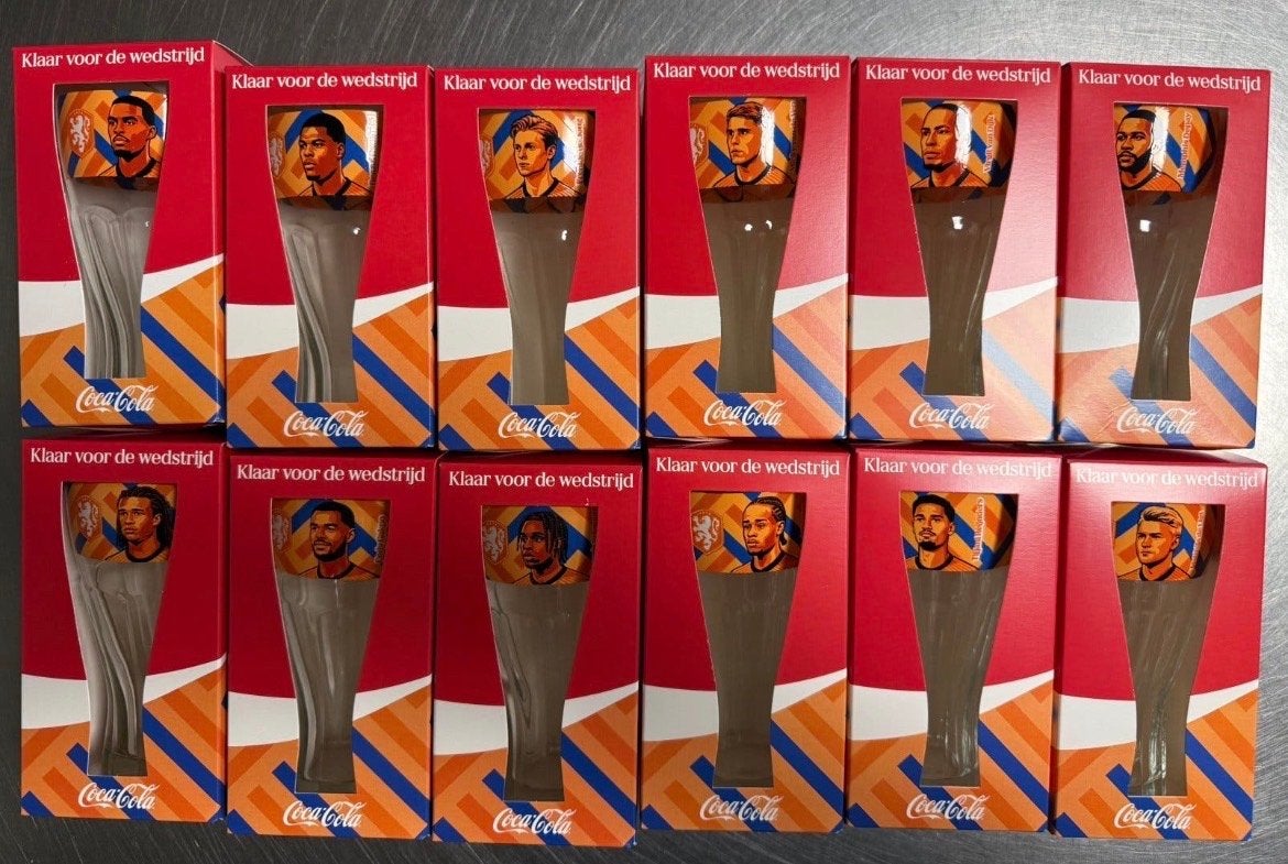 Coca-Cola WK Glazen Oranje Elftal Collectie - Nieuw in doos, Verzamelen, Ophalen of Verzenden, Nieuw, Frisdrankglas