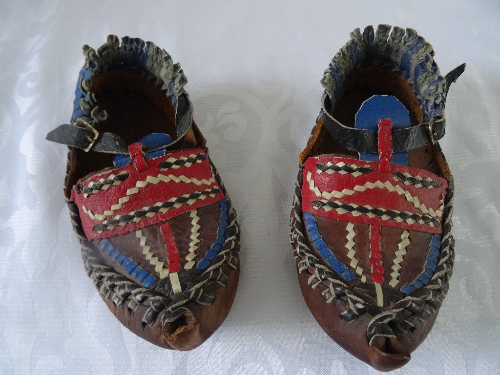 Leren moccasin schoentjes vintage handmade native american, Verzamelen, Ophalen of Verzenden, Huis en Inrichting
