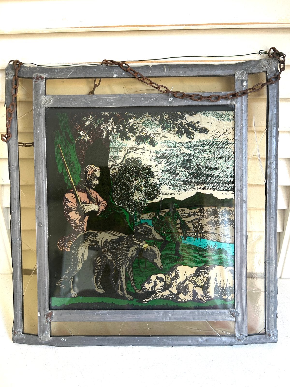 Antieke glas in lood raamhanger De jager gebrand glas, Antiek en Kunst, Ophalen