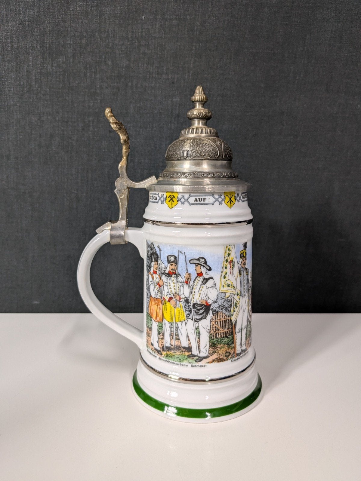Vintage Freiberg Sachsen bierpul met tinnen deksel, Gebruikt, Keramiek, Overige typen, Ophalen of Verzenden