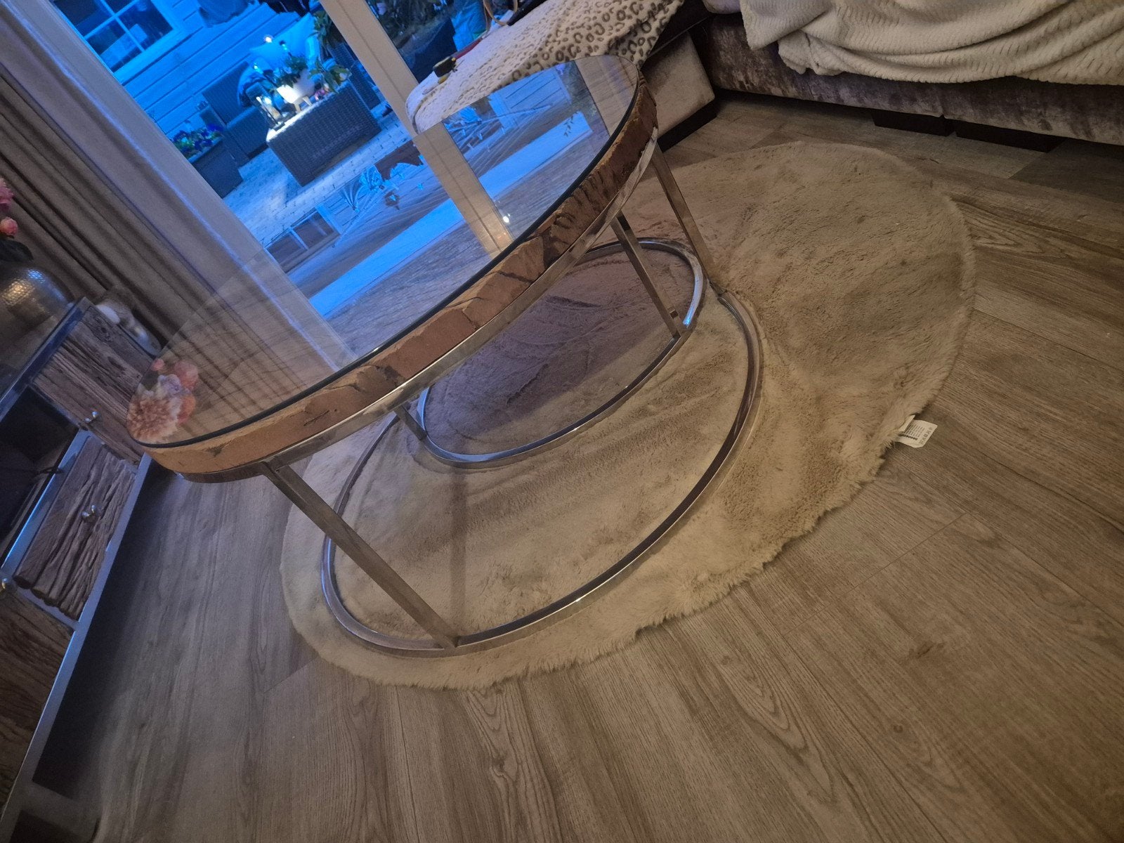 Set van 2 ronde salontafels met glas en hout, Huis en Inrichting, Tafels | Salontafels, 50 – 75, Glas, Rond, Zo goed als nieuw