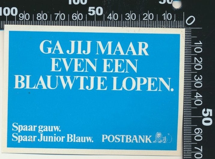 Sticker: Postbank - Ga jij maar even een blauwtje lopen, Ophalen of Verzenden, Zo goed als nieuw, Bedrijf of Vereniging