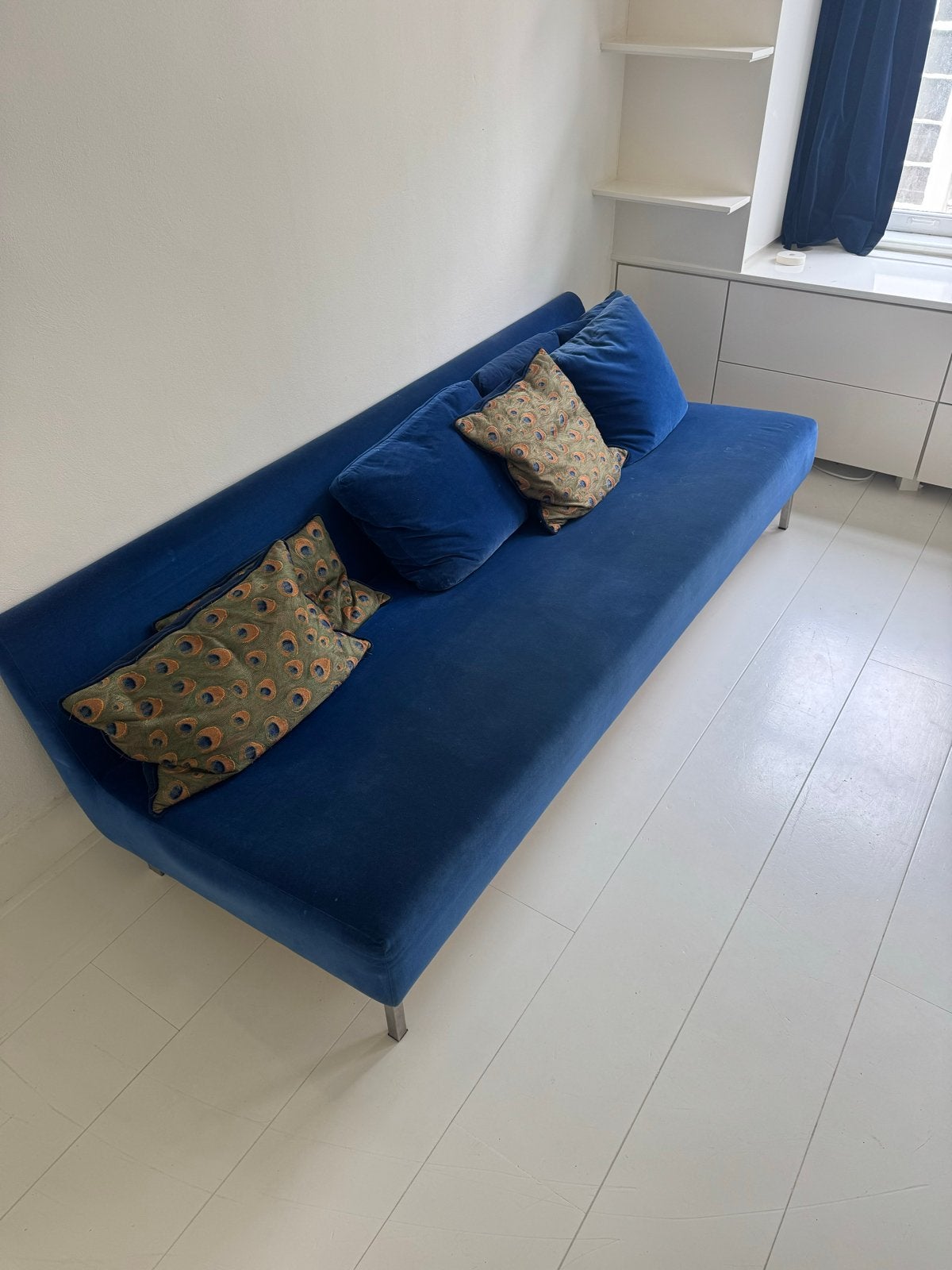 Designer Guild Fluweel Blauwe Bank - 222x100x60 cm, Ophalen, Gebruikt, Driepersoons, 75 tot 100 cm