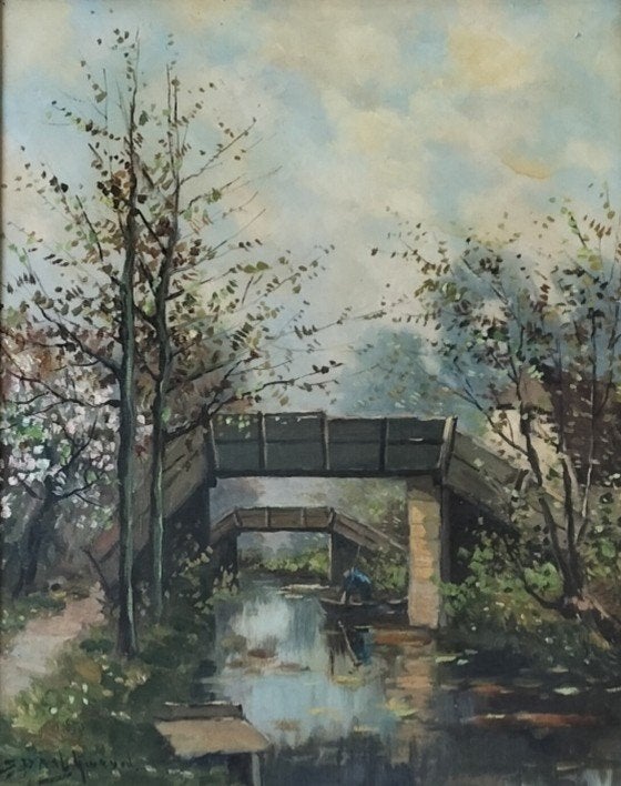 S. Daalmeijer ? Giethoorn bruggetjes oud antiek schilderij, Antiek en Kunst, Kunst | Schilderijen | Klassiek, Ophalen of Verzenden
