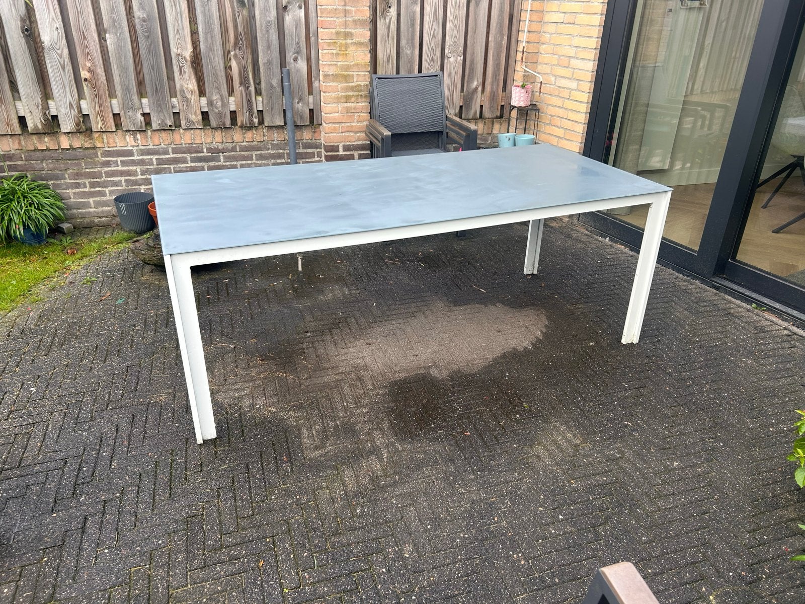 Glazen tuintafel op aluminium onderstel - 200x90 cm, Tuin en Terras, Ophalen, Gebruikt, Rechthoekig, Aluminium