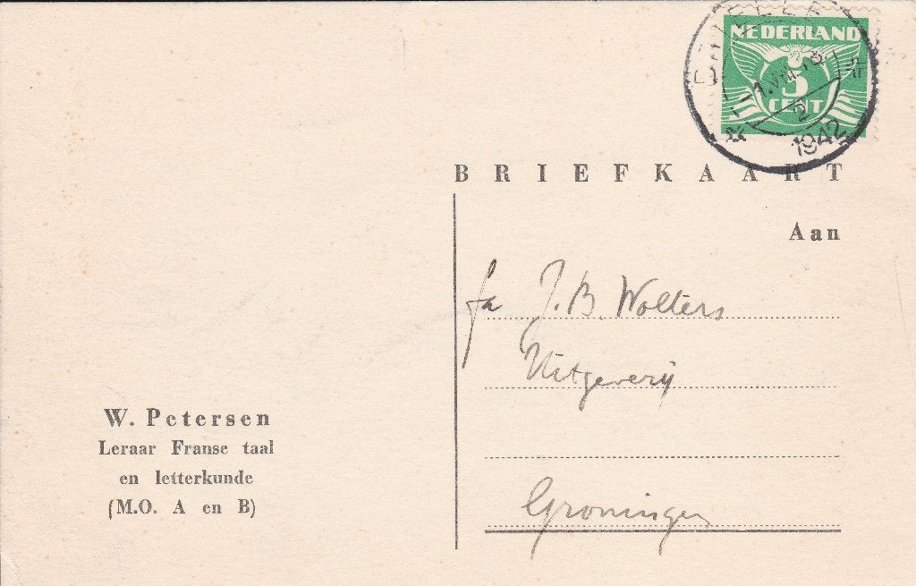BRIELLE 1942 W. PETERSEN Leraar Franse Taal en Letterkunde, Verzamelen, Verzenden, 1940 tot 1960, Gelopen, Zuid-Holland