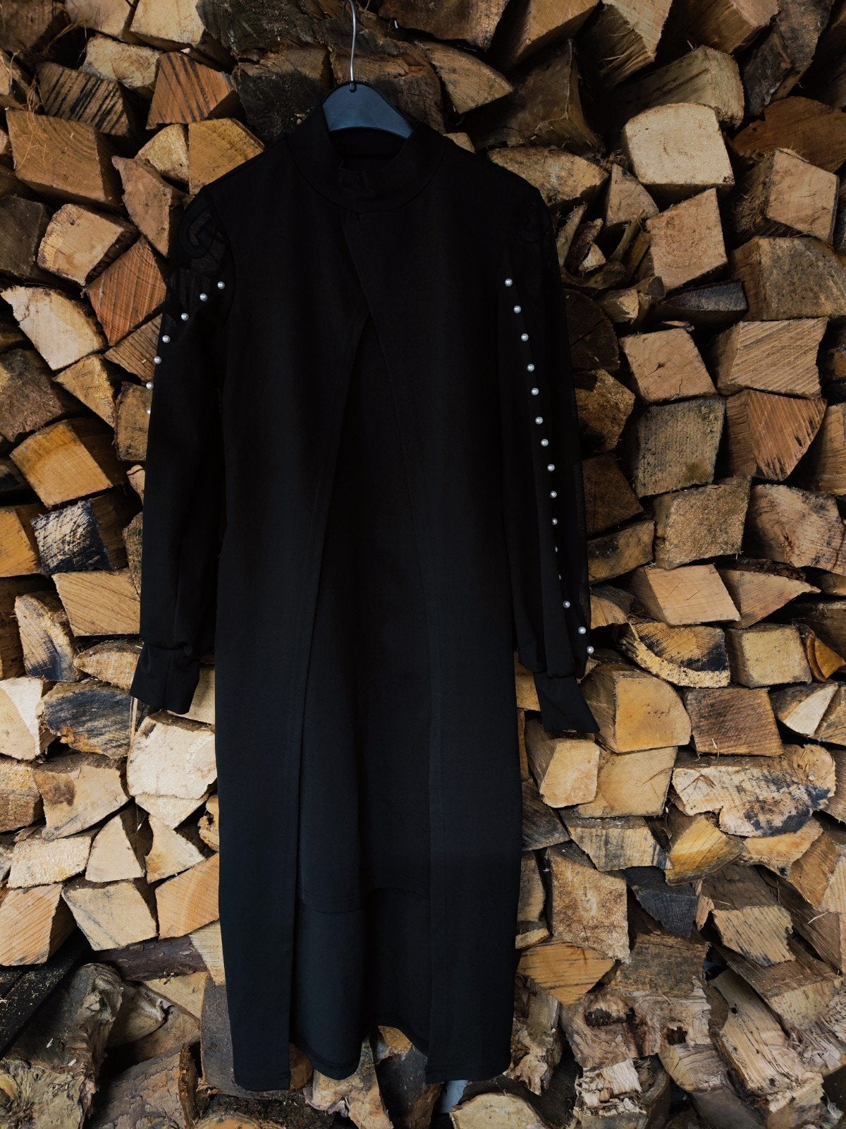 Elegante Zwarte Jurk met Pareldetails en Lange Mouwen, Zwart, Ophalen of Verzenden, Zo goed als nieuw, Maat 36 (S)