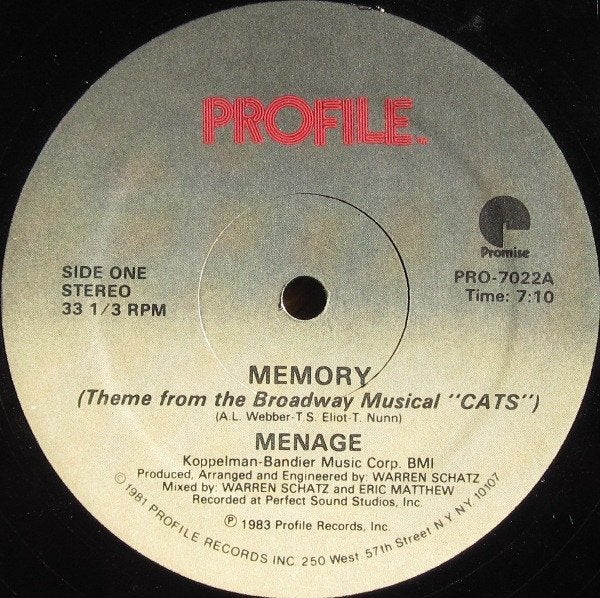 Menage  Memory (Theme From The Broadway Musical "Cats") lp, Gebruikt, 12 inch, Inclusief binnenhoes, Ophalen of Verzenden