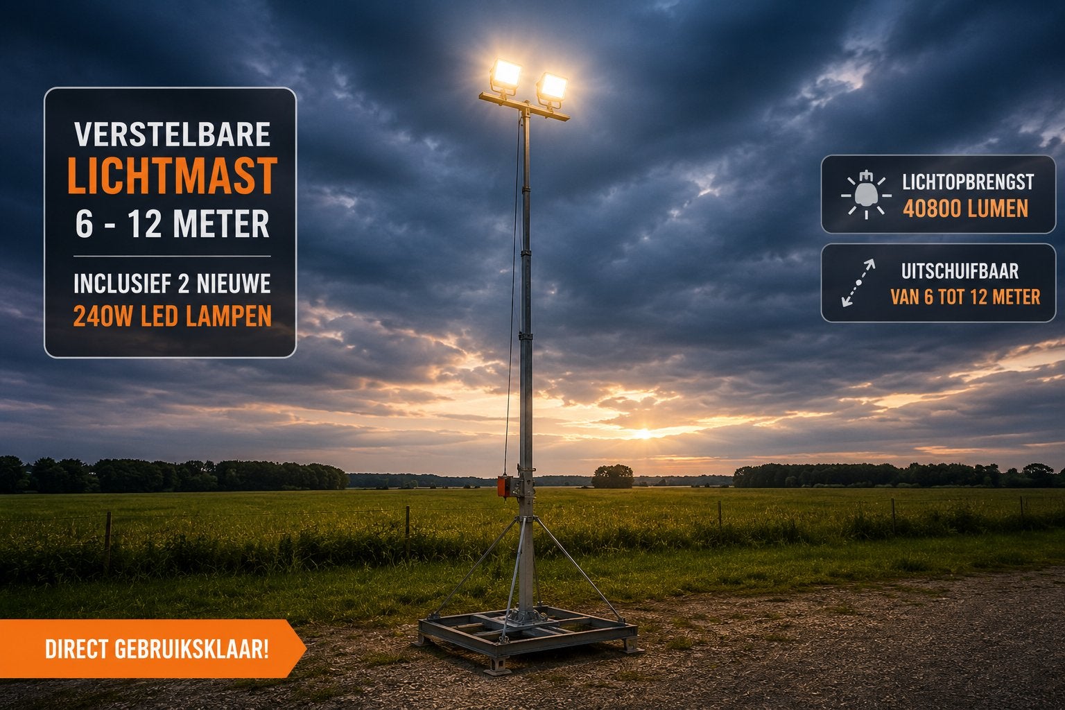 Lichtmast uitschuifbaar van 6-12m + 2 nieuwe 240W LED lampen, Ophalen, Zo goed als nieuw, Minder dan 50 watt